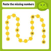 Paste the missing numbers. Handwriting practice. Learning numbers for kids. Education developing worksheet. Activity page. Game for children. Isolated vector illustration in cute cartoon style.