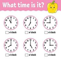 Learning time on the clock. Educational activity worksheet for kids and toddlers. Game for children. Simple flat isolated vector illustration in cute cartoon style.