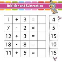 Addition and subtraction. Task for kids. Education developing worksheet. Activity page. Game for children. Funny character. Isolated vector illustration. Cartoon style.