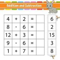 Addition and subtraction. Task for kids. Education developing worksheet. Activity page. Game for children. Funny character. Isolated vector illustration. Cartoon style.