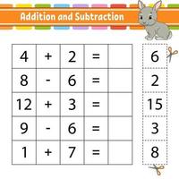 Addition and subtraction. Task for kids. Education developing worksheet. Activity page. Game for children. Funny character. Isolated vector illustration. Cartoon style.