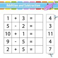 Addition and subtraction. Task for kids. Education developing worksheet. Activity page. Game for children. Funny character. Isolated vector illustration. Cartoon style.