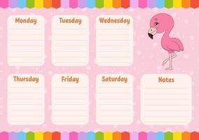 School schedule. Timetable for kids. Empty template. Weekly planer with notes. Isolated color vector illustration. Funny character. Cartoon style.