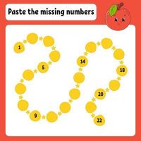 Paste the missing numbers. Handwriting practice. Learning numbers for kids. Education developing worksheet. Activity page. Game for children. Isolated vector illustration in cute cartoon style.