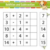 Addition and subtraction. Task for kids. Education developing worksheet. Activity page. Game for children. Funny character. Isolated vector illustration. Cartoon style.