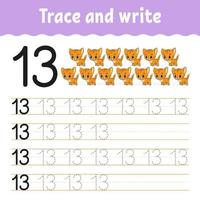 Trace and write. Handwriting practice. Learning numbers for kids. Education developing worksheet. Activity page. Game for toddlers and preschoolers. Isolated vector illustration in cute cartoon style.