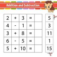 Addition and subtraction. Task for kids. Education developing worksheet. Activity page. Game for children. Funny character. Isolated vector illustration. Cartoon style.