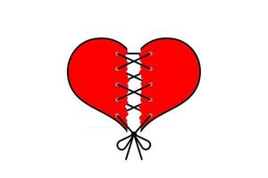 Torn red heart like broken love sewn with black thread on white background. Vector card for Valentine's Day.