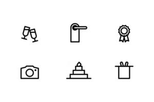 Line vector icons. Champagne glasses, sign on the door handle, license, camera, cake, focus with rabbit in hat.