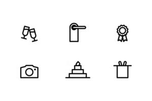 Line vector icons. Champagne glasses, sign on the door handle, license, camera, cake, focus with rabbit in hat.