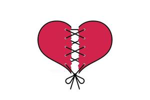 Torn pink heart like broken love sewn with black thread on white background. Vector card for Valentine's Day.