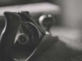 old woodworking plane. vintage hand tools on wooden background. Focus on jack-plane. Carpenter workplace. black white photo