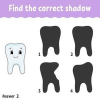 Find the correct shadow. Education developing worksheet. Matching game for kids. Activity page. Puzzle for children. Riddle for preschool. Cute character. Isolated vector illustration. Cartoon style.