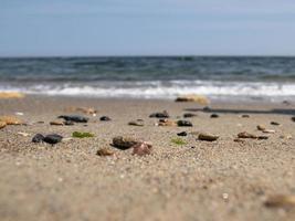 sea pebbles and shells on the seashore against the blue sky photo