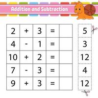 Addition and subtraction. Task for kids. Education developing worksheet. Activity page. Game for children. Funny character. Isolated vector illustration. Cartoon style.