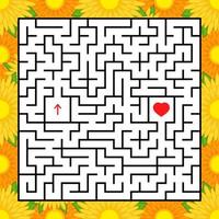 Abstract square maze. An interesting and useful game for children. Find the path from arrow to heart. Simple flat vector illustration isolated on white background. With a bright floral frame.