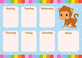 School schedule. Timetable for kids. Empty template. Weekly planer with notes. Isolated color vector illustration. Funny character. Cartoon style.