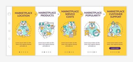 Market place choice parameters onboarding vector template. Responsive mobile website with icons. Web page walkthrough 5 step screens. Service costs, products color concept with linear illustrations