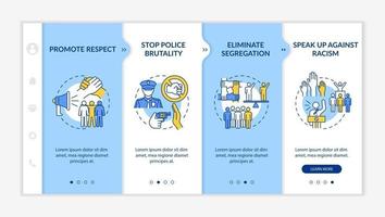 Anti-racism commitment onboarding vector template. Responsive mobile website with icons. Web page walkthrough 4 step screens. Stop police brutality color concept with linear illustrations