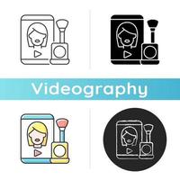 Make up tutorial videos icon. Beauty vlog. Online creator on women style. Beautician blog. Streaming internet video. Videography. Linear black and RGB color styles. Isolated vector illustrations