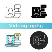 Webinars icon. Online educational classes streaming on laptop. Watching internet course. Digital content on computer. Videography. Linear black and RGB color styles. Isolated vector illustrations