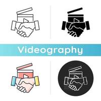 Business to Business videos icon. B2B service in filmmaking industry. Shooting professional content for company. Videography. Linear black and RGB color styles. Isolated vector illustrations