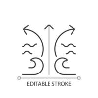 Rip current wave linear icon. Potential dangerous threat to surfer. Flat spot in waves. Surf zone. Thin line customizable illustration. Contour symbol. Vector isolated outline drawing. Editable stroke