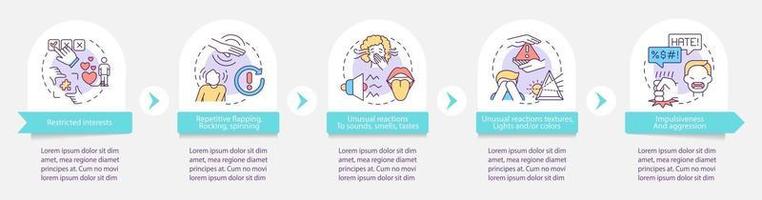 ASD symptoms vector infographic template. Restricted interests presentation outline design elements. Data visualization with 5 steps. Process timeline info chart. Workflow layout with line icons