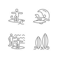 Surfboarding linear icons set. Crumbly waves surfing. Flight maneuver. Taking surf classes. Customizable thin line contour symbols. Isolated vector outline illustrations. Editable stroke