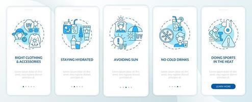 Sunstroke prevention onboarding mobile app page screen. Sun protective clothes walkthrough 5 steps graphic instructions with concepts. UI, UX, GUI vector template with linear color illustrations