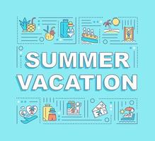 Banner de conceptos de palabra de vacaciones de verano. destinos de vacaciones. infografías con iconos lineales sobre fondo turquesa. tipografía creativa aislada. ilustración de color de contorno vectorial con texto vector