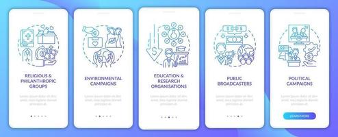 Pledge campaign types onboarding mobile app page screen. Public broadcasters walkthrough 5 steps graphic instructions with concepts. UI, UX, GUI vector template with linear color illustrations