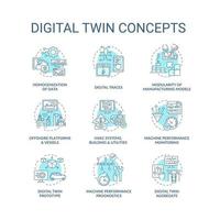 Digital twin concept icons set. Digital twin characteristics. Smart computers. Automation equipment idea thin line color illustrations. Vector isolated outline drawings. Editable stroke