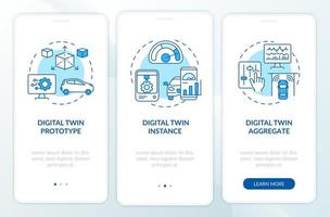 Digital twin types onboarding mobile app page screen. Automation systems walkthrough 3 steps graphic instructions with concepts. UI, UX, GUI vector template with linear color illustrations