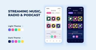 Streaming music and podcasts cartoon smartphone interface vector templates set. Mobile app screen page night and day mode design. Radio listening UI for application. Phone display with flat character