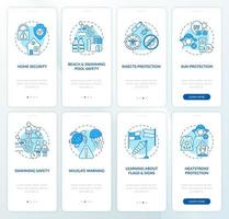 Planning summer trip onboarding mobile app page screens set. Skin protection walkthrough 4 steps graphic instructions with concepts. UI, UX, GUI vector template with linear color illustrations