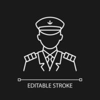 Male captain white linear icon for dark theme. Person controling all cruise crew. Providing service. Thin line customizable illustration. Isolated vector contour symbol for night mode. Editable stroke