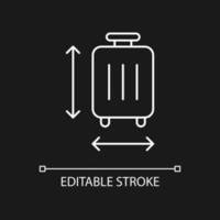 Baggage size white linear icon for dark theme. Measuring luggage for airport regulation. Thin line customizable illustration. Isolated vector contour symbol for night mode. Editable stroke