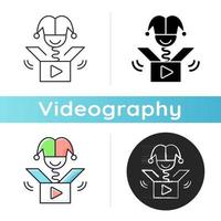 Prank videos icon. Funny content. Laughing at jokes online. Humorous trick. Comedy videos for entertainment. Videography. Linear black and RGB color styles. Isolated vector illustrations