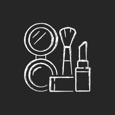 Makeup chalk white icon on dark background. Cosmetic products. Female skincare. Lipstick and powder set. Brush for women. Everyday routine, lifestyle. Isolated vector chalkboard illustration on black
