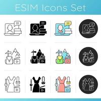 Videography icons set. Online webinar. Travel vlog. Fashion blog content. Shooting footage for internet. Entertaining video. Linear, black and RGB color styles. Isolated vector illustrations