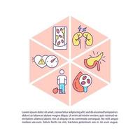 iconos de línea de concepto de diabetes con texto. plantilla de vector de página ppt con espacio de copia. folleto, revista, elemento de diseño de boletín. Medicamentos para personas enfermas ayudan a ilustraciones lineales en blanco.