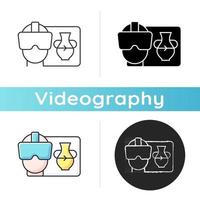 VR icon. Virtual reality for interactive classes. Innovative film production. Headset for immersing in cyberspace. Videography. Linear black and RGB color styles. Isolated vector illustrations