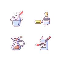 Coffee shop tools RGB color icons set. Knock box for ground waste. Tamping coffee into portafilter. Isolated vector illustrations. Espresso making simple filled line drawings collection