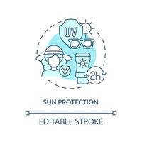 Sun protection concept icon. Summer vacation safety abstract idea thin line illustration. Lowering damage risk. Wearing sun-protective clothing. Vector isolated outline color drawing. Editable stroke