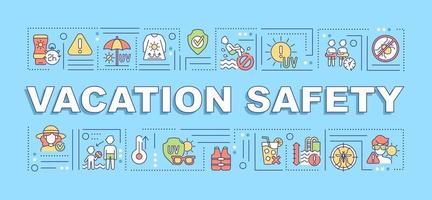 Vacation safety word concepts banner. Sun-safety approach. Avoid bug bites. Infographics with linear icons on blue background. Isolated creative typography. Vector outline color illustration with text