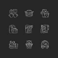 Daily routine chalk white icons set on dark background. Alarm clock for work. Office worker activities. Everyday morning and evening schedule. Isolated vector chalkboard illustrations on black