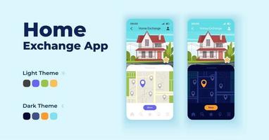 Home exchange cartoon smartphone interface vector templates set. Mobile app screen page night and day mode design. Choosing appropriate residence UI for application. Phone display with flat character