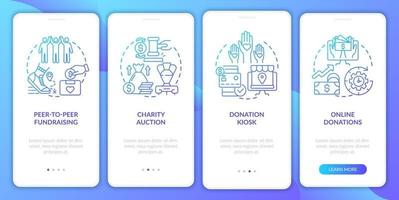 Collecting money event ideas onboarding mobile app page screen. Online donations walkthrough 4 steps graphic instructions with concepts. UI, UX, GUI vector template with linear color illustrations