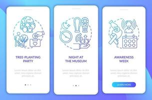 Fundraising methods onboarding mobile app page screen. Environmental awareness walkthrough 3 steps graphic instructions with concepts. UI, UX, GUI vector template with linear color illustrations